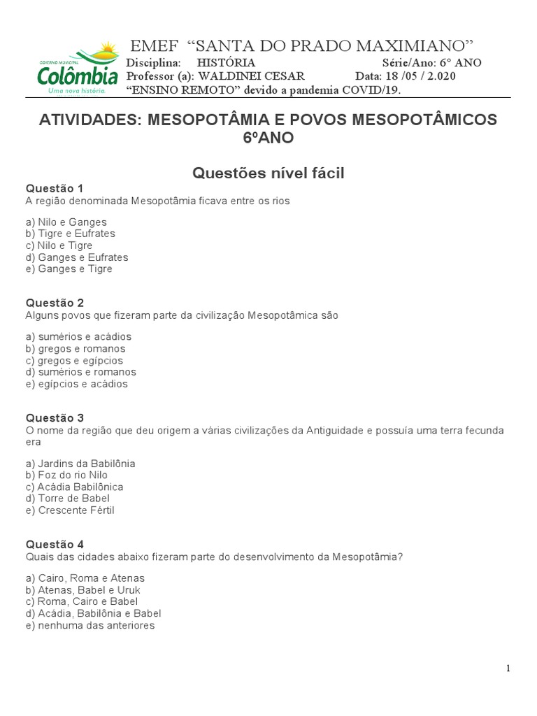 Atividade Povos Da Mesopotâmia, PDF, Mesopotâmia