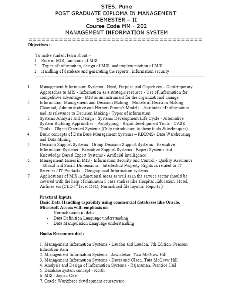 MIS Course Overview and Objectives | PDF | Information System | Databases