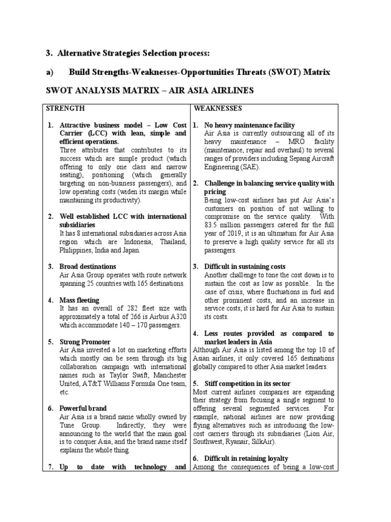 Alternative Strategies Selection Process A) Build StrengthsWeaknesses