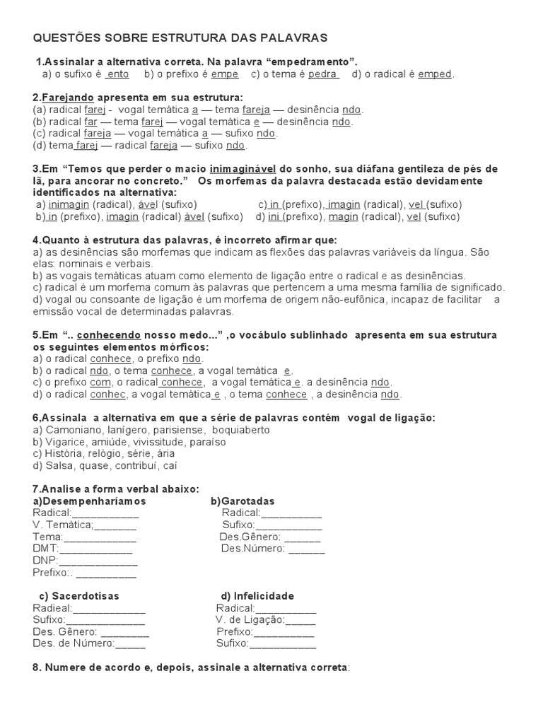 Exercícios sobre Estrutura das Palavras | PDF | Vogal | Relações sintáticas