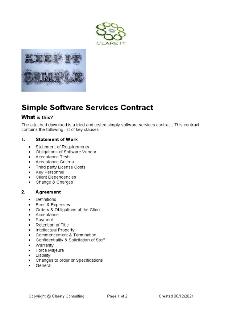 Simple Software Services Contract Template Post | PDF | Business ...