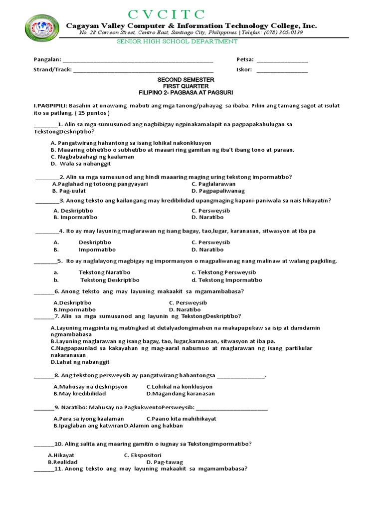 YUNIT TEST PAGBASA AT PAGSUSURI CV | PDF