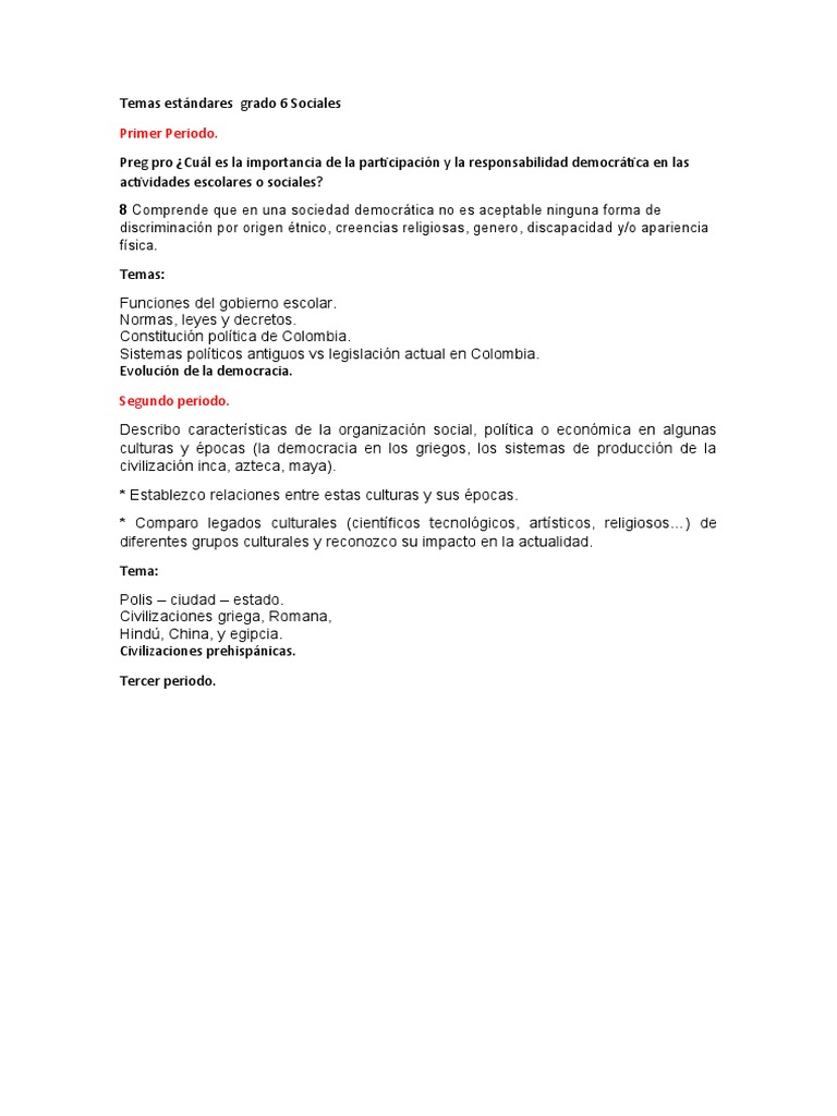 Temas Estándares Grado 6 Sociales | PDF | Política