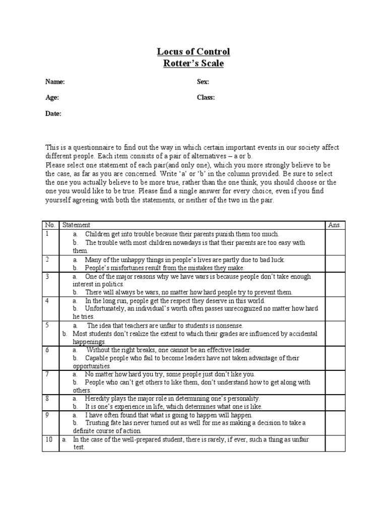 Rotter's Locus of Control Questionnaire | PDF | Luck | Cognitive Science