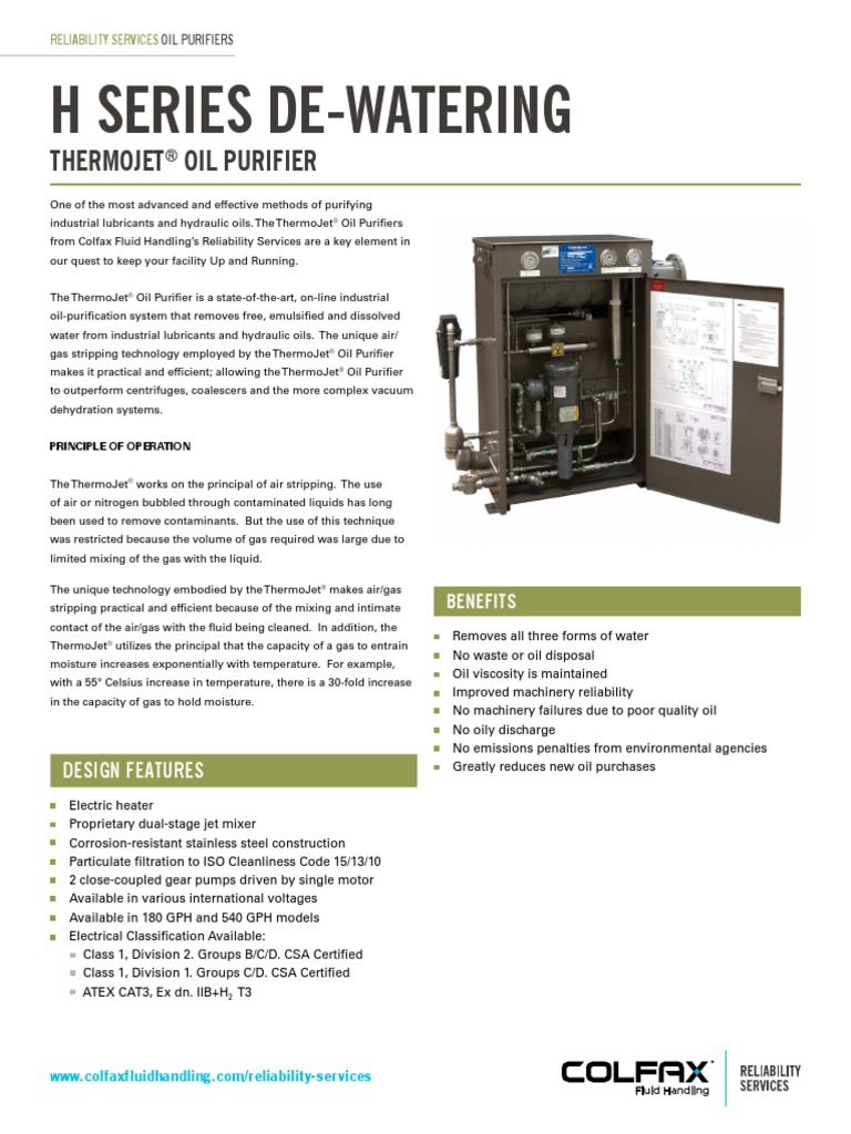 H Series DeWatering Thermojet Oil Purifier PDF Lubricant Filtration