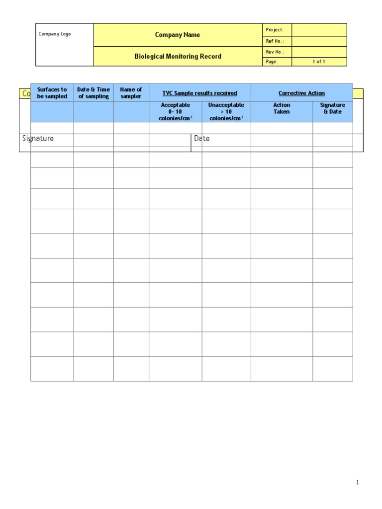 Comments: Company Name Biological Monitoring Record | PDF
