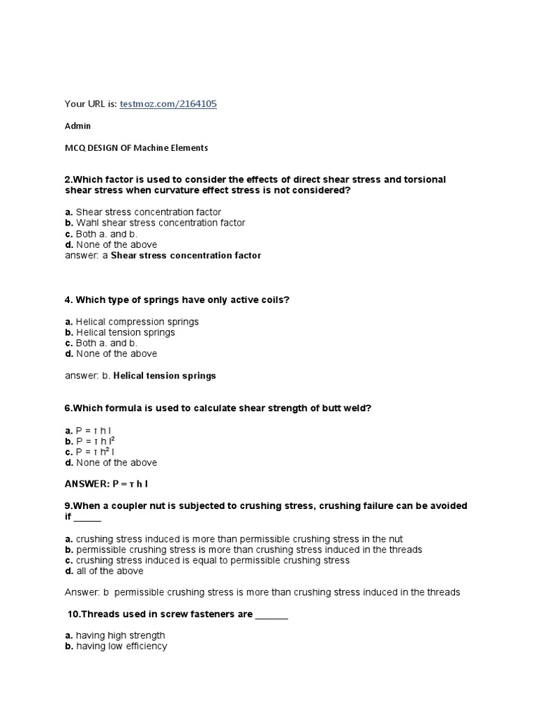 MCQ on Machine Elements Design | PDF | Strength Of Materials | Stress ...