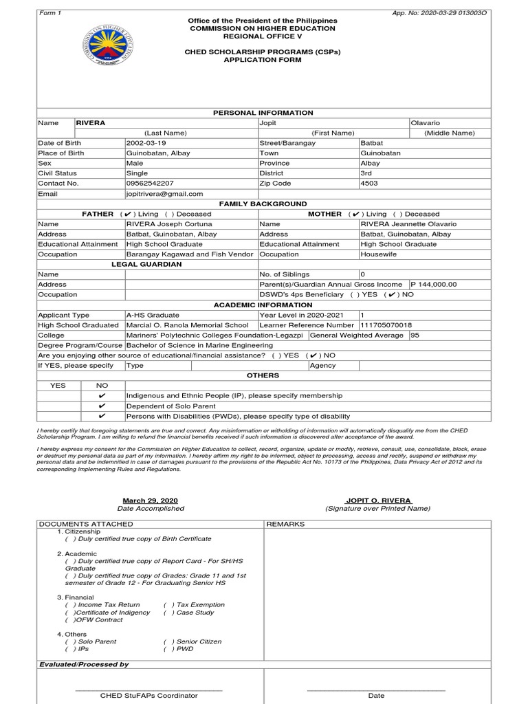 CHED Scholarship Application Form 2020 | PDF | Educational Attainment ...