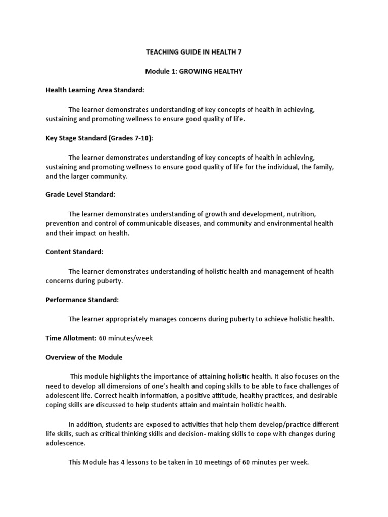 TEACHING GUIDE IN HEALTH 7 Intro and Pretest | PDF | Adolescence | Learning