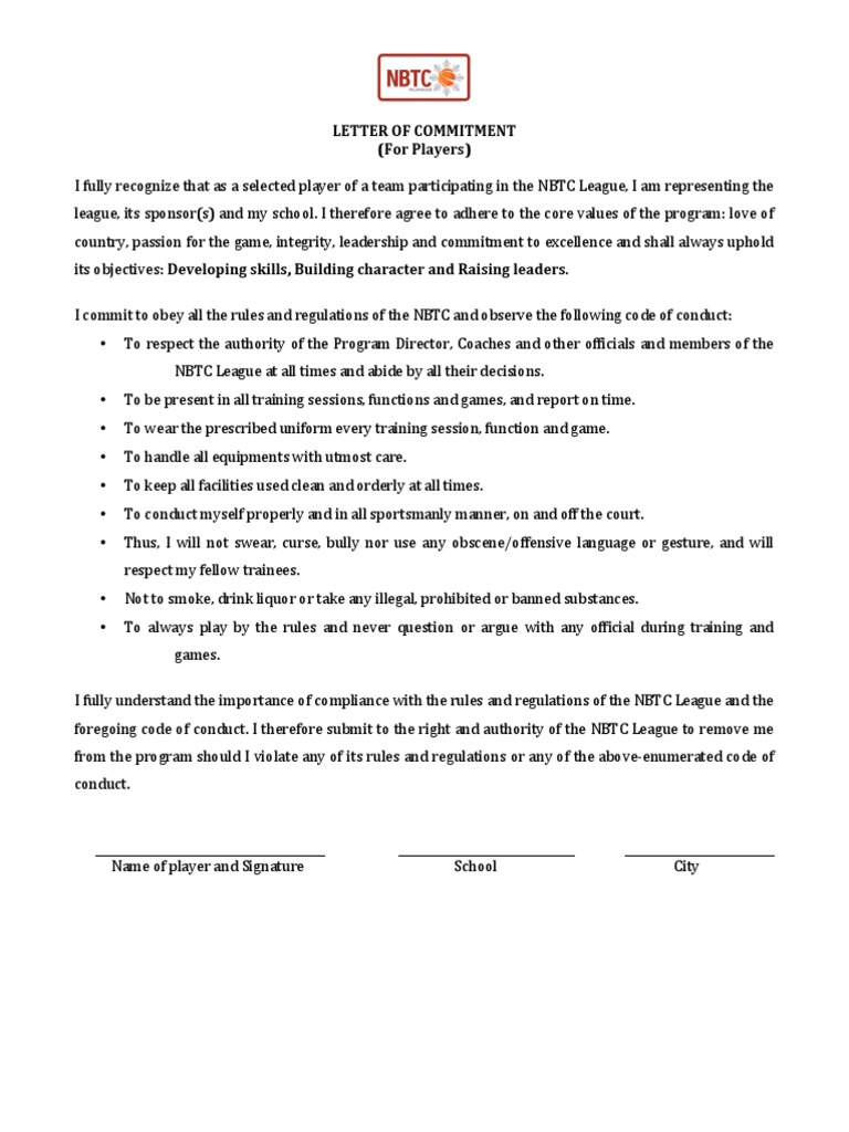 NBTC Player Commitment and Waiver Form | PDF | Profanity | Virtue