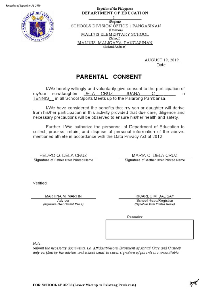 Parental Consent for School Sports Participation | PDF | Information ...