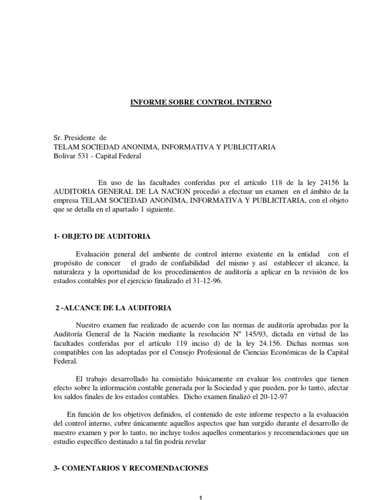 Informe de Control Interno TELAM | PDF | Auditoría financiera ...