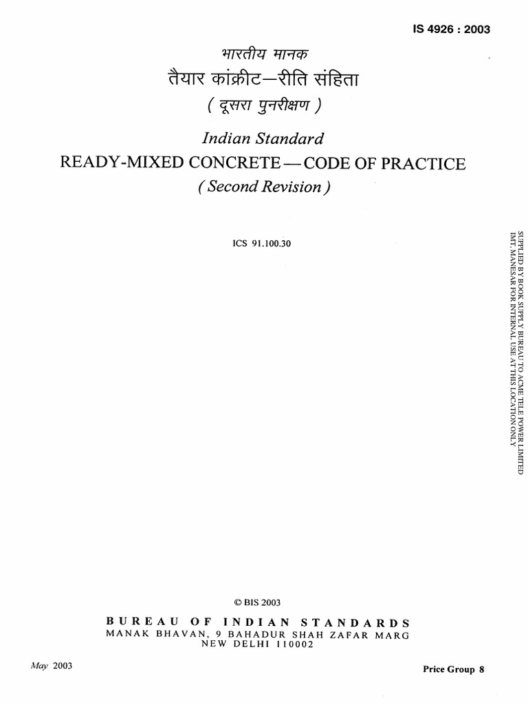 Ready-Mixed Concrete - Code of Practice: Indian Standard | PDF ...