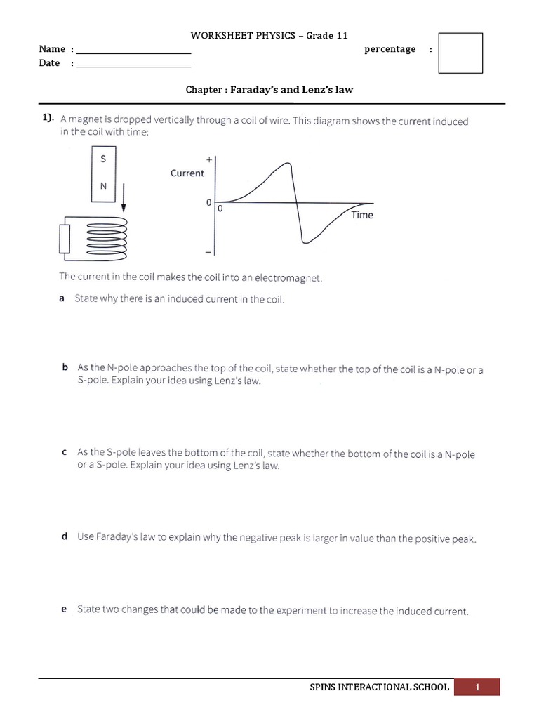 Worksheet Physics Grade 11 Name Percentage Date Chapter Faraday's and Lenz's Law 1) F PDF