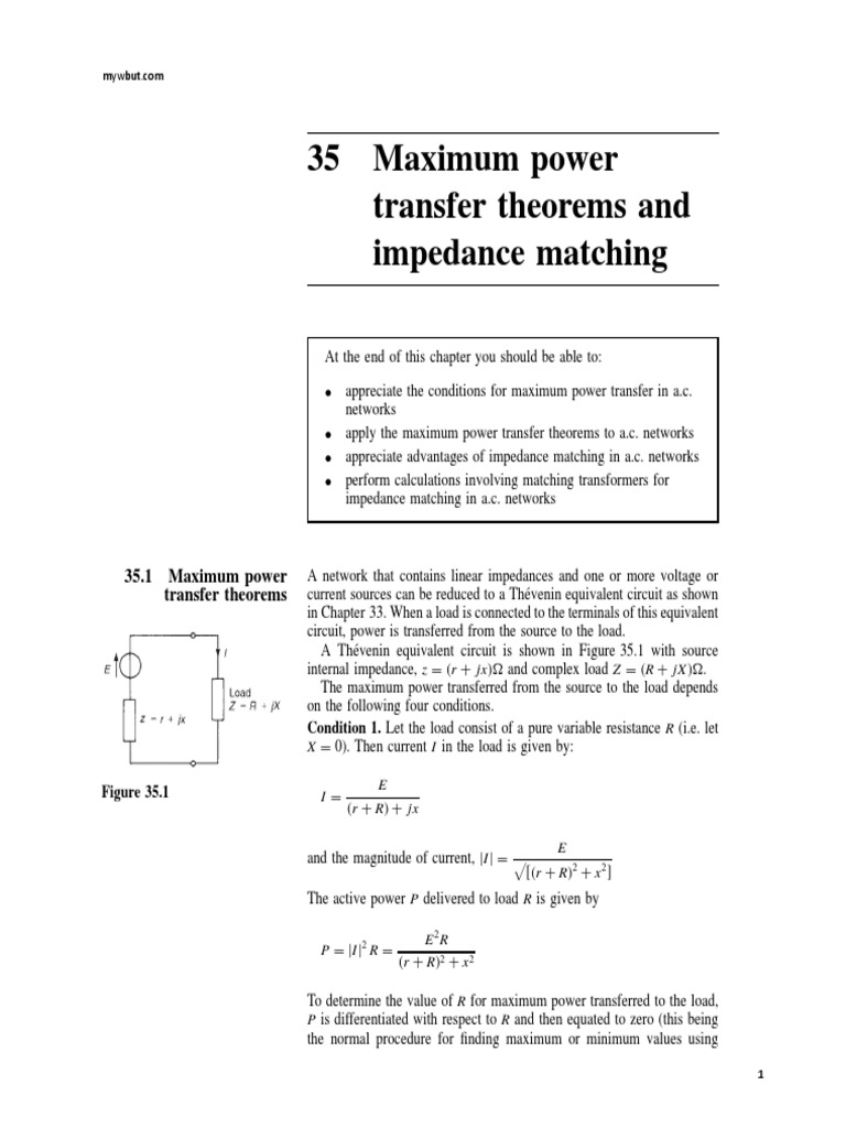 35 Maximum Power Transfer Theorems and Impedance Matching | PDF ...