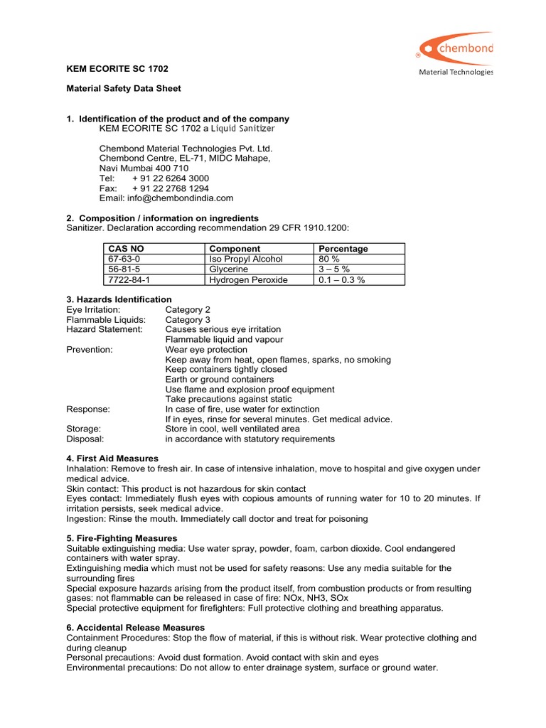 MSDS Kem Ecorite SC 1702 | PDF | Personal Protective Equipment | Fires