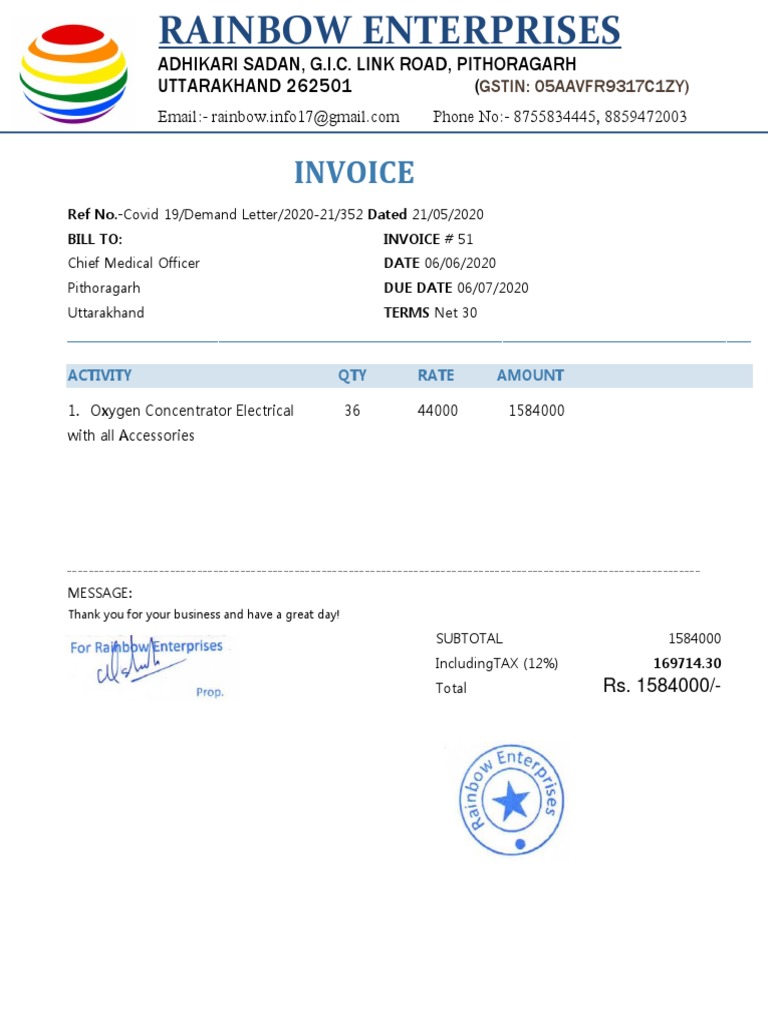Oxygen Concentrator Invoice Rainbow Enterprises Pithoragarh | PDF