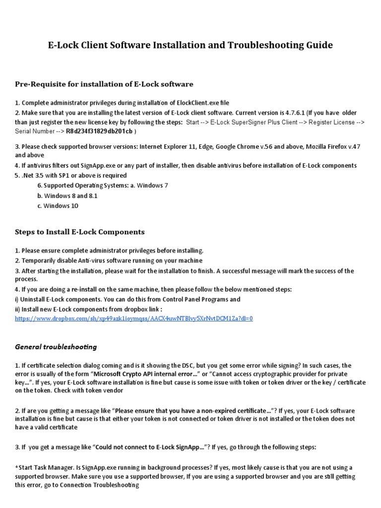 E-Lock Client Software Installation and Troubleshooting Guide | PDF ...