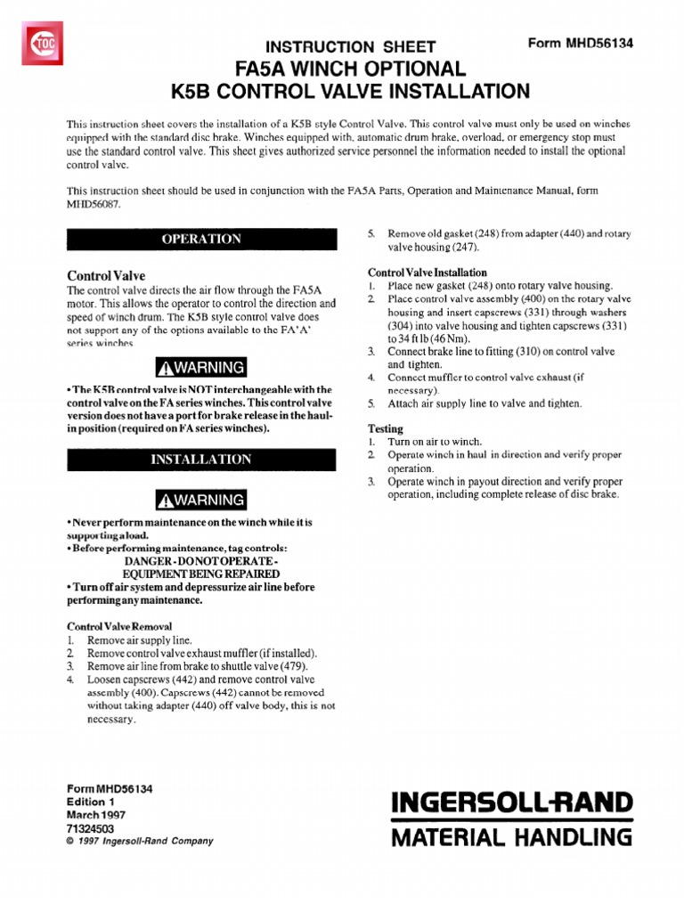 Fa5A Winch Optional K5B Control Valve Installation IngersollRand