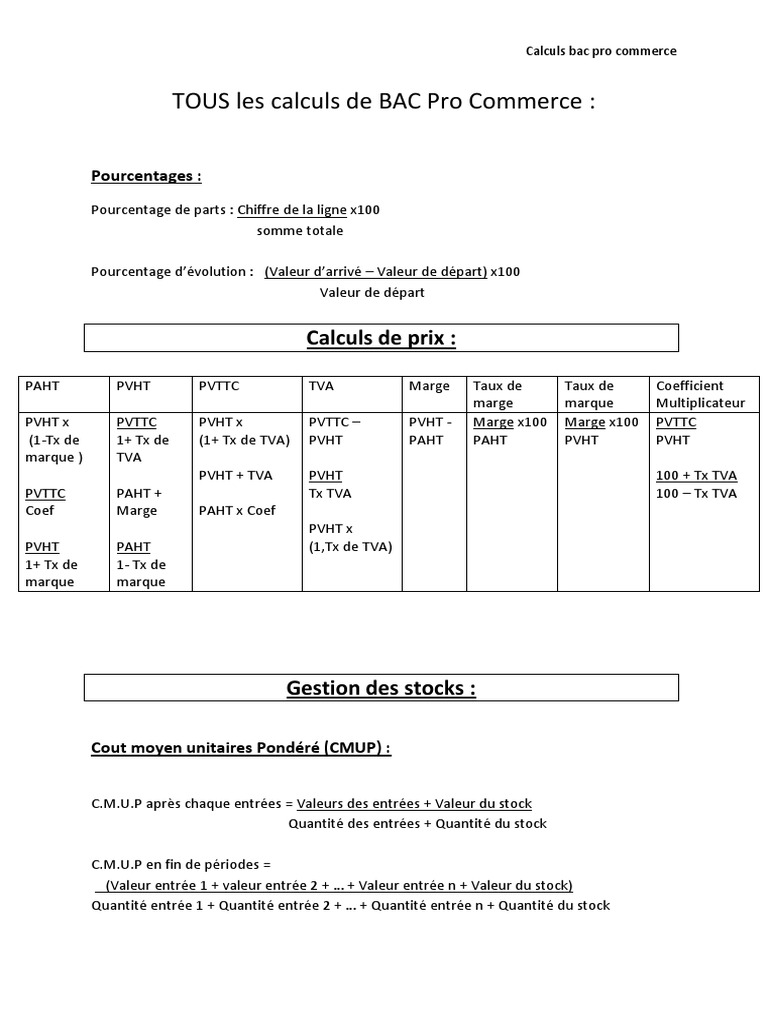 Corrigé Livre Vendre Bac Pro Commerce Pdf Tous Les Calculs de Bac Pro Commerce PDF | PDF | Inventaire | Taxe sur la  valeur ajoutée