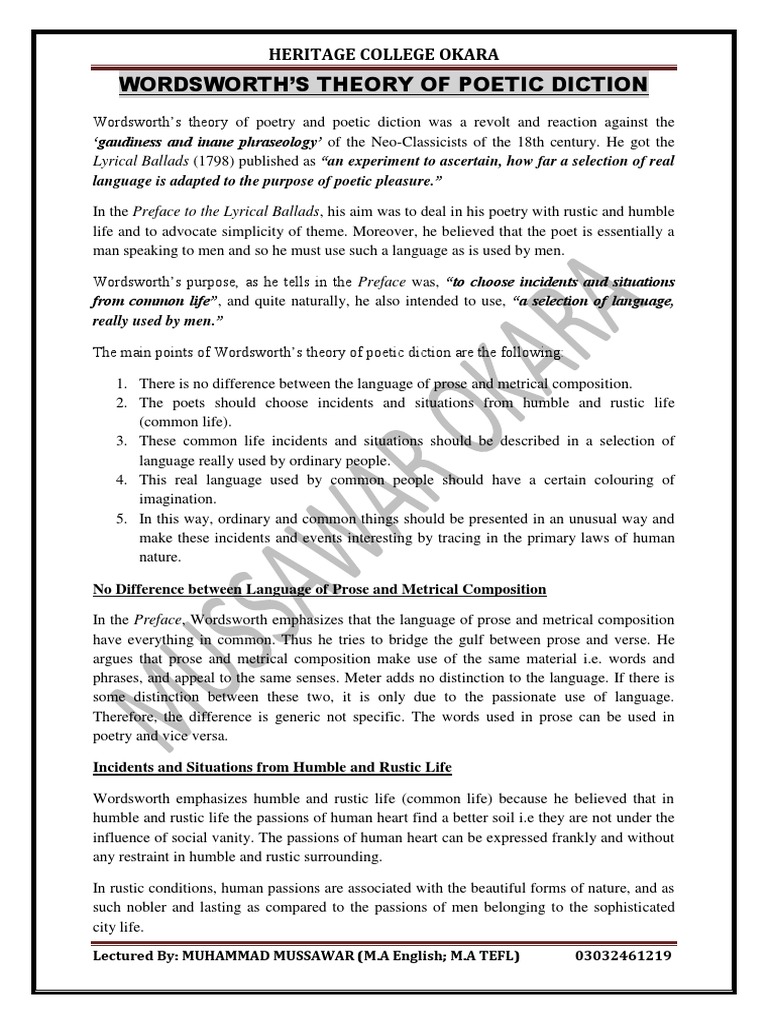 Wordsworth's Theory of Poetic Diction Exploring the Poet's Views on