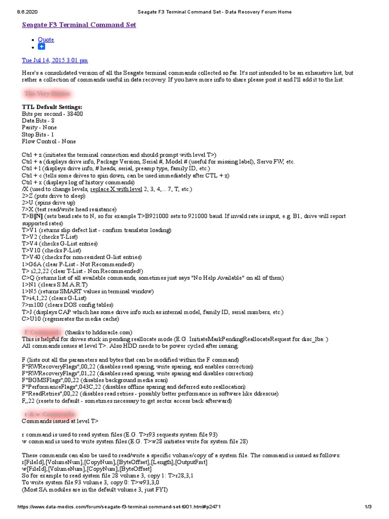 Seagate F3 Terminal Command Set Data Recovery Forum Home PDF