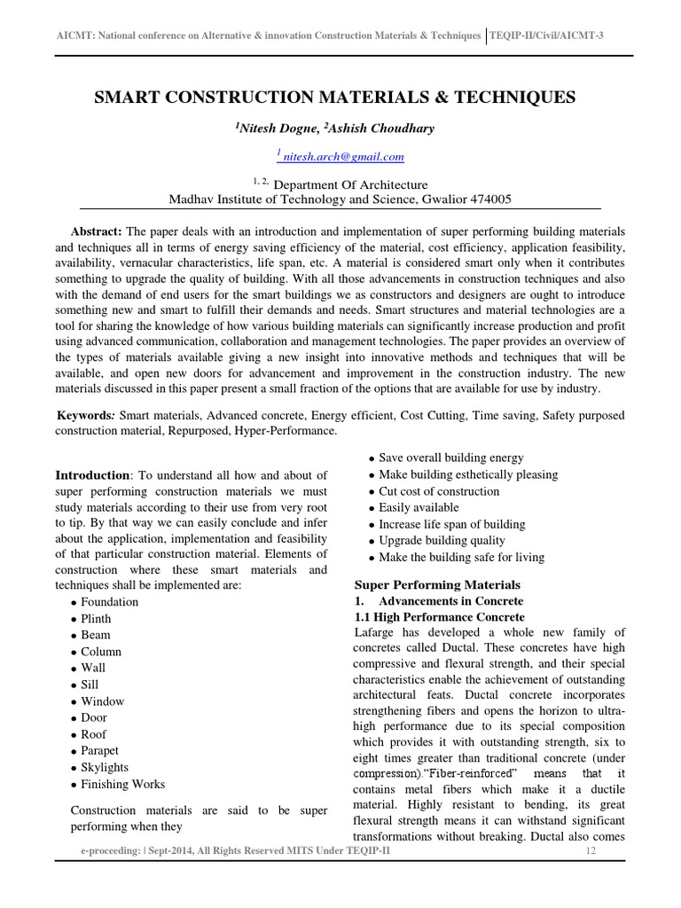 Smart Construction Materials & Techniques | PDF | Concrete | Economic ...