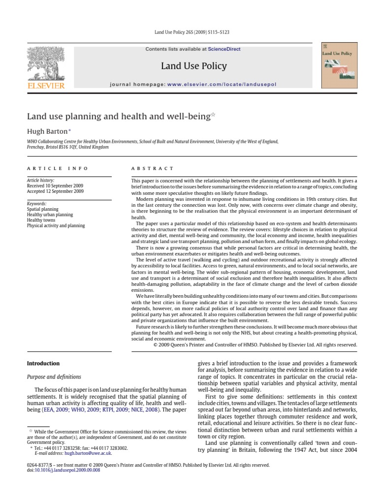 (Barton, 2009) Land Use Planning and Health and Well-Being' Land Use ...