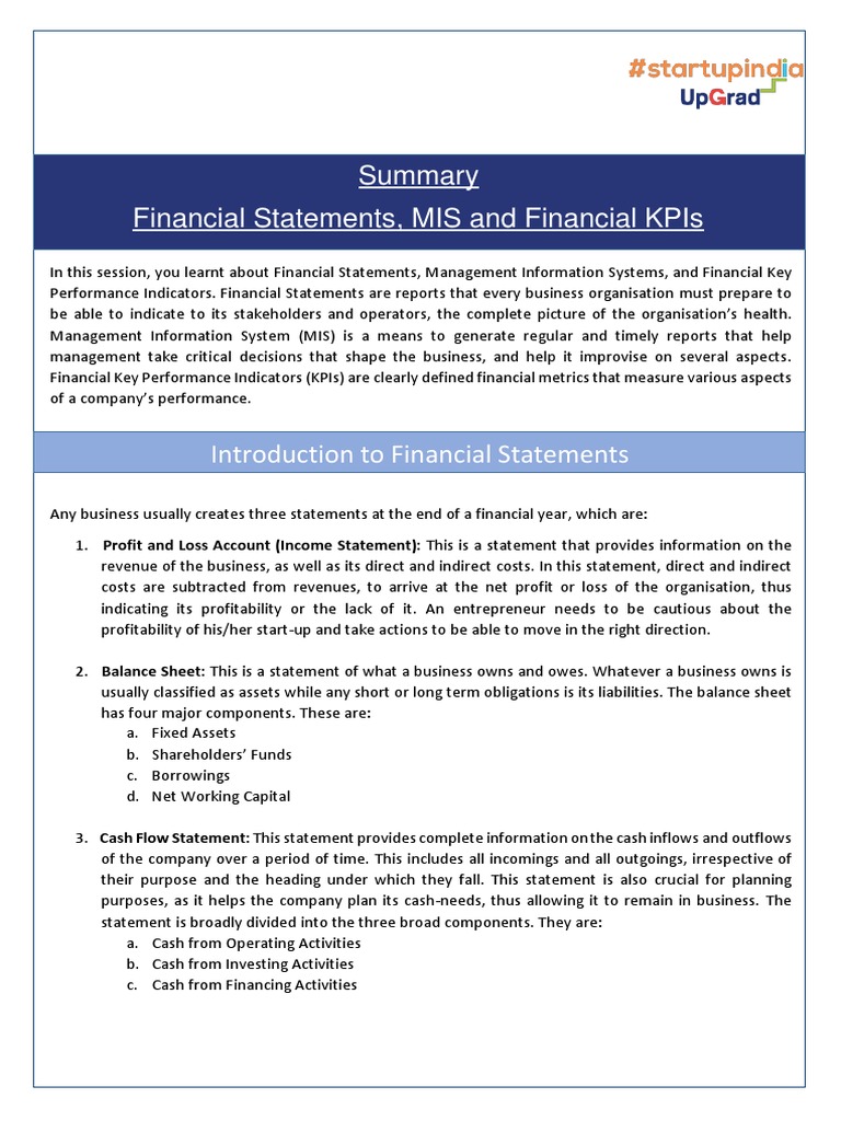 Financial Statements, Mis and Financial Kpis | PDF | Balance Sheet ...