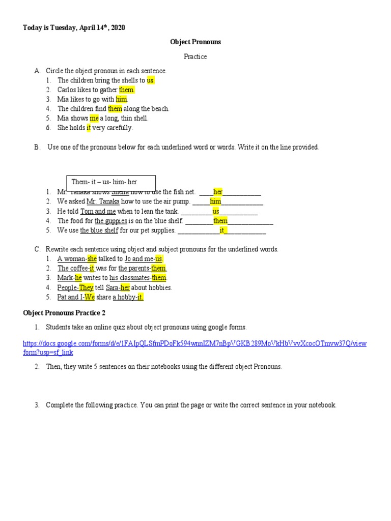 Object Pronouns Practice Exercises | PDF | Language Arts & Discipline ...