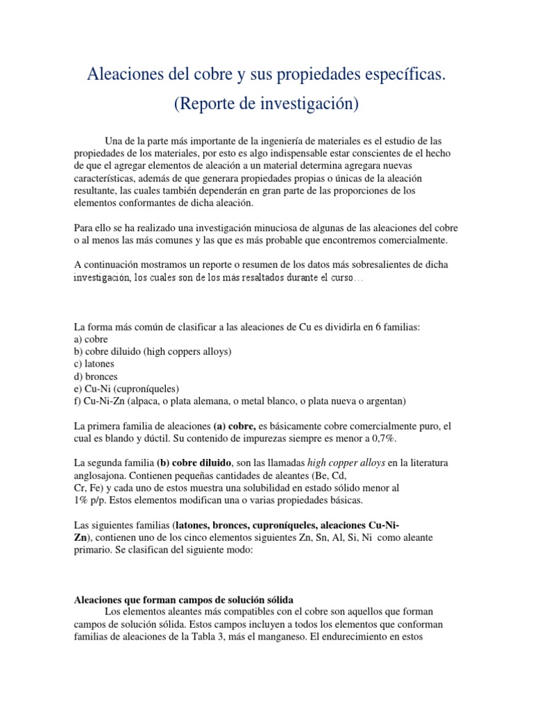 Aleaciones Del Cobre y Sus Propiedades Específicas | PDF | Aleación | Latón