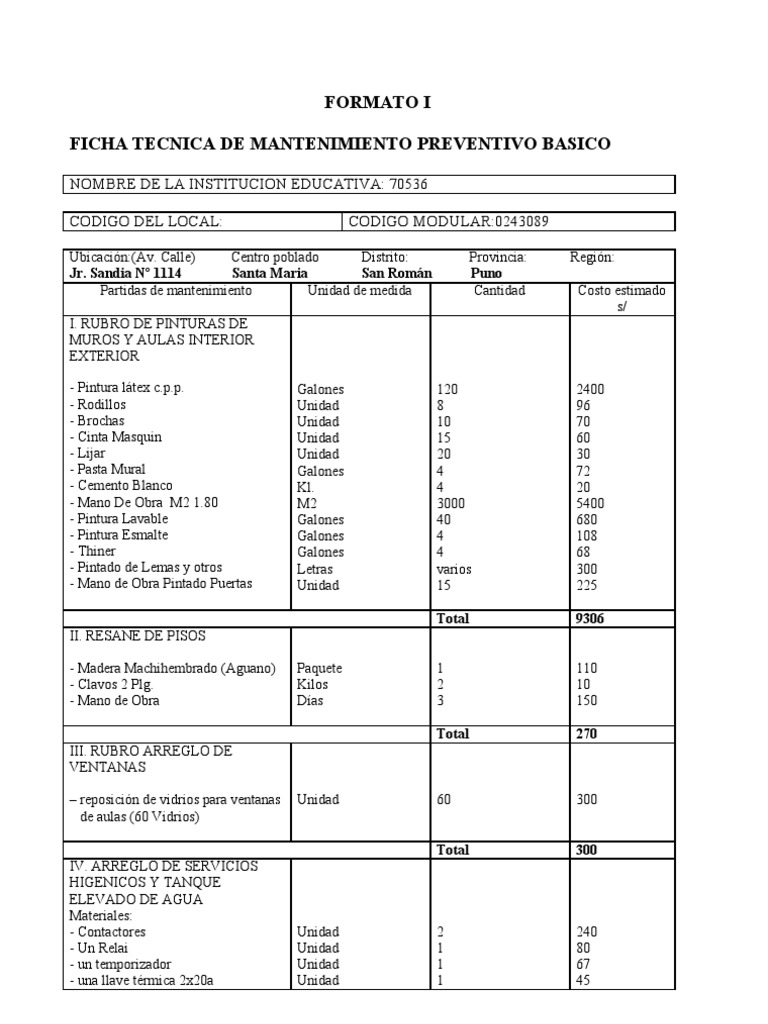 Ficha Tecnica de Mantenimiento Preventivo Basico PDF Energía y