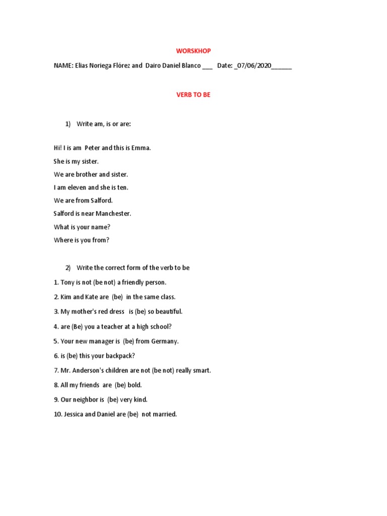 Workshop. Verb To Be and Possessive Adjectives | PDF