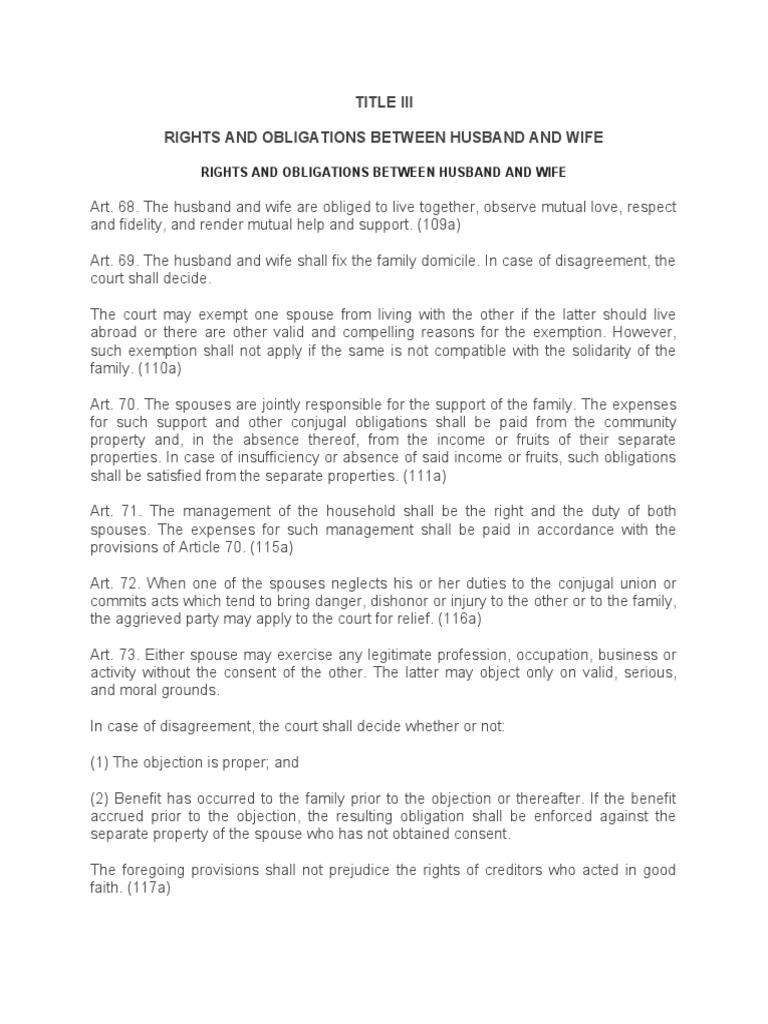 Title Iii Rights And Obligations Between Husband And Wife