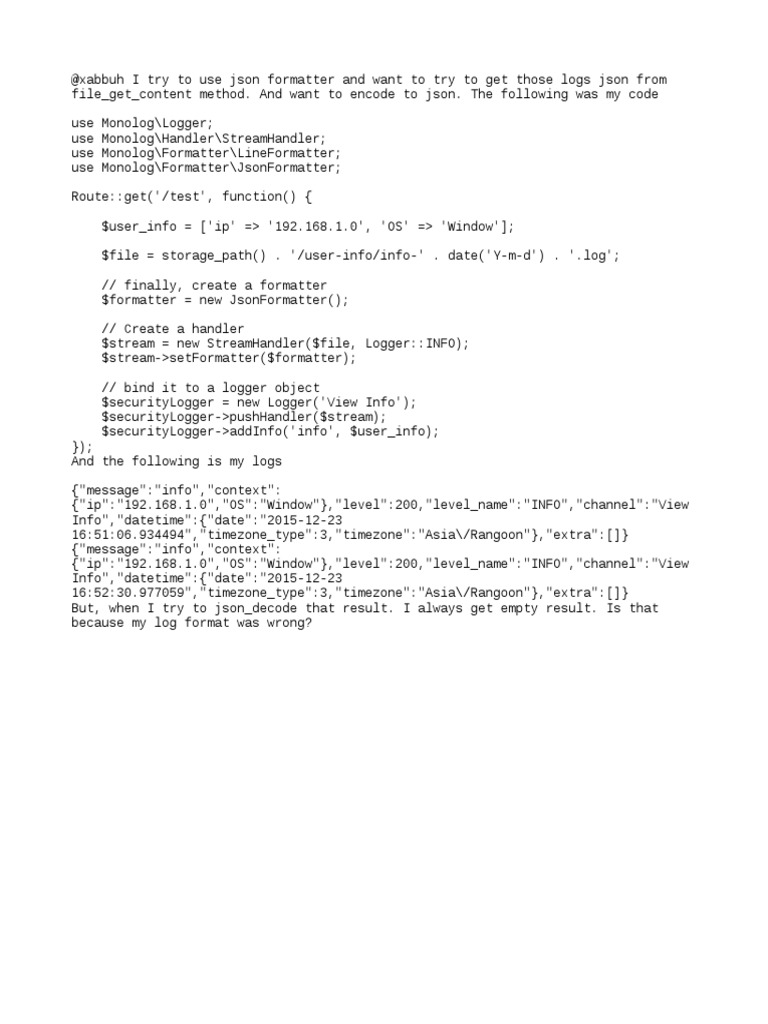 JSON Formatter Issues in Monolog Logs | PDF | Computers