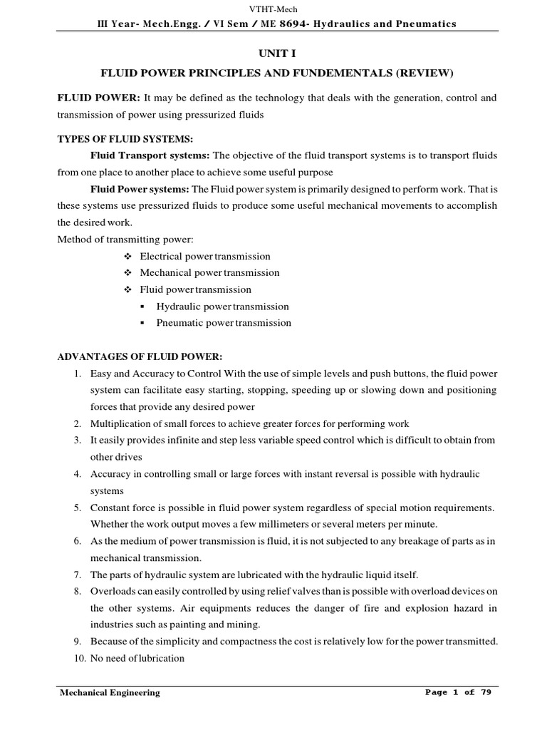 ME8694 Hydraulics and Pneumatics PDF Pump Reynolds Number