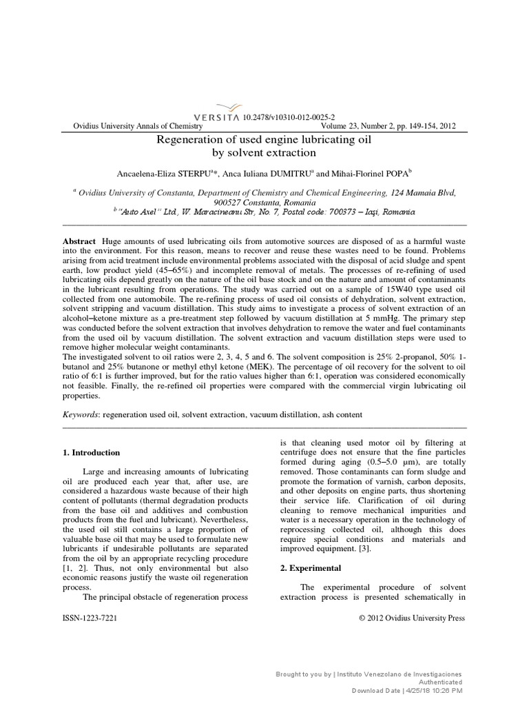 (Ovidius University Annals of Chemistry) Regeneration of Used Engine ...