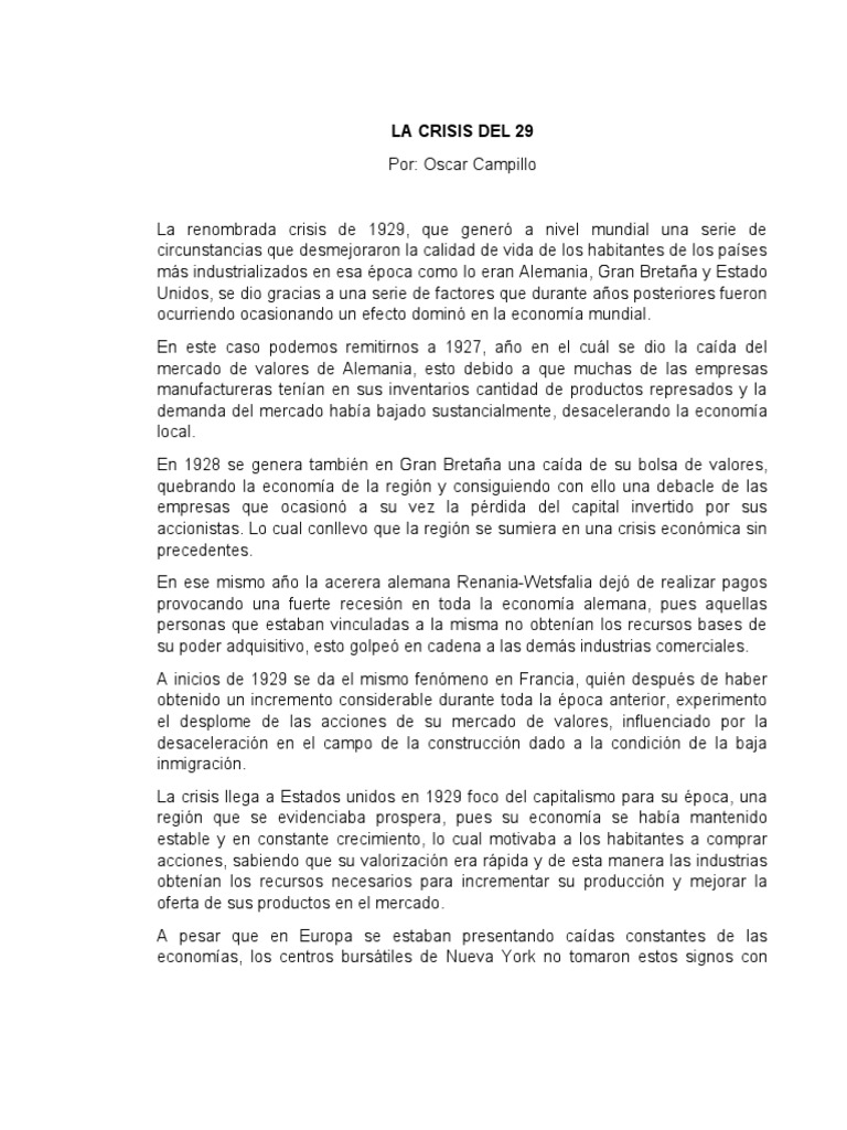La Crisis Del 29 | PDF | Gran depresion | Desempleo