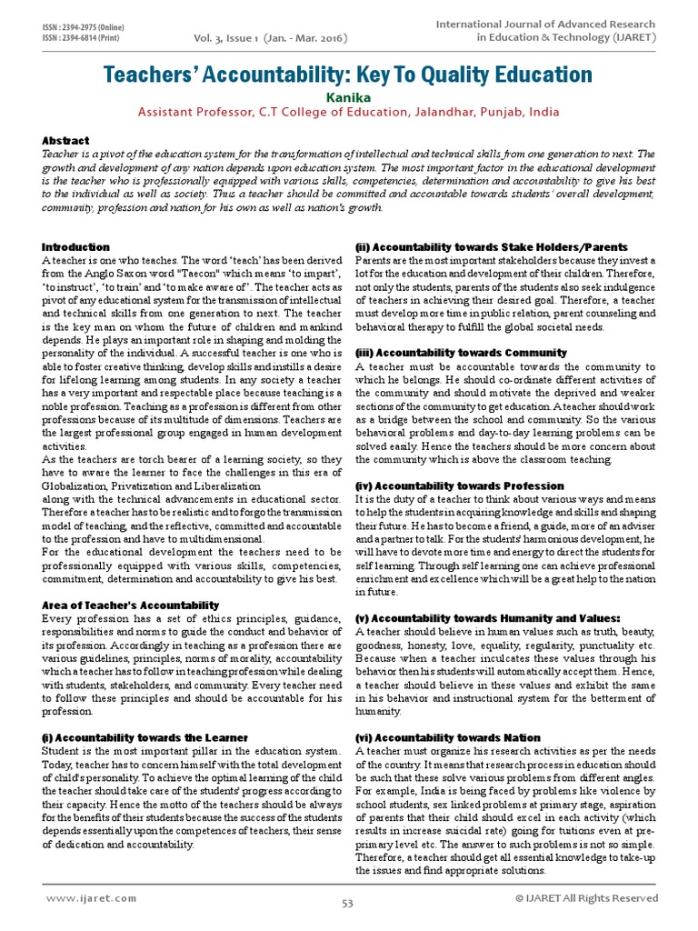 Teachers' Accountability: Key To Quality Education | PDF | Teachers ...