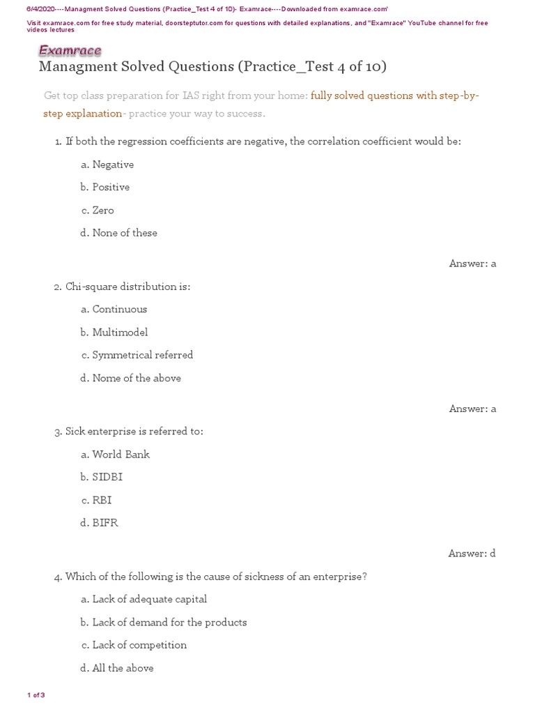 Managment Solved Questions Practice Test 4 Pdf Business Economies