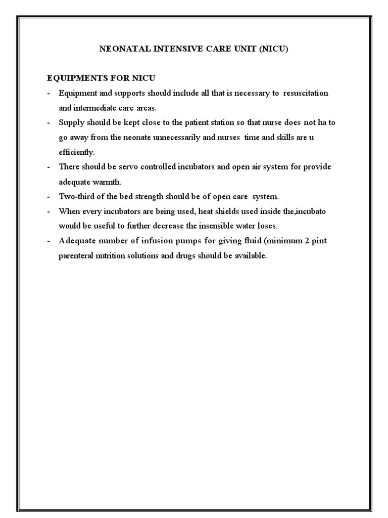 NICU Equipment and Care Guidelines | PDF | Neonatal Intensive Care Unit ...