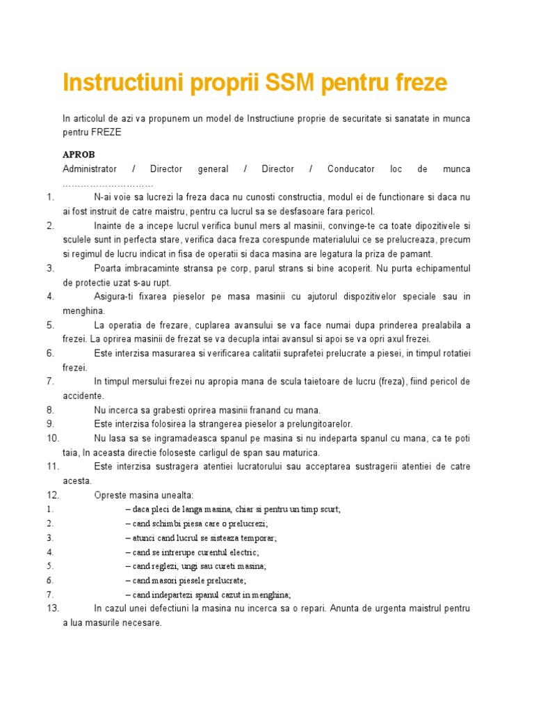 Instructiuni Proprii SSM Pentru Freze | PDF