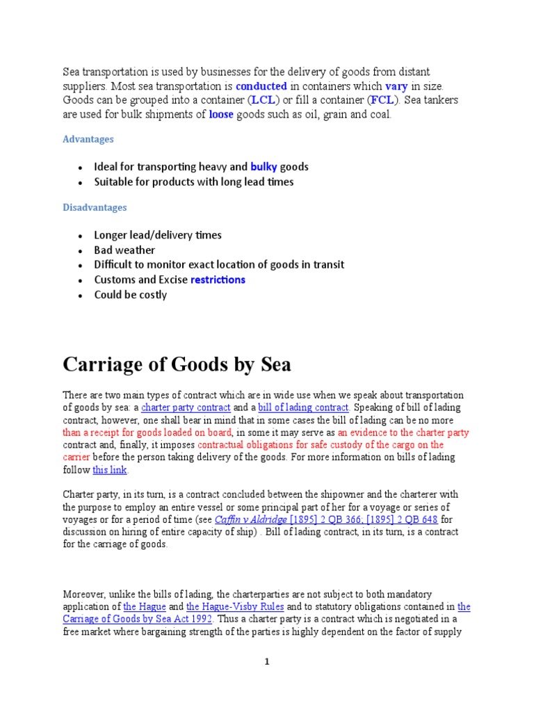 Overview of Sea Transportation Contracts | PDF | Bill Of Lading | Trade