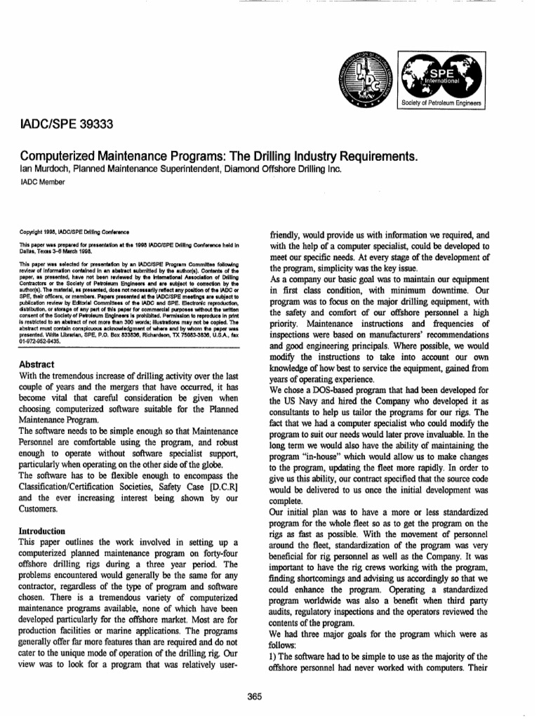 lADC/SPE 39333 Computerized Maintenance Programs The Drilling Industry