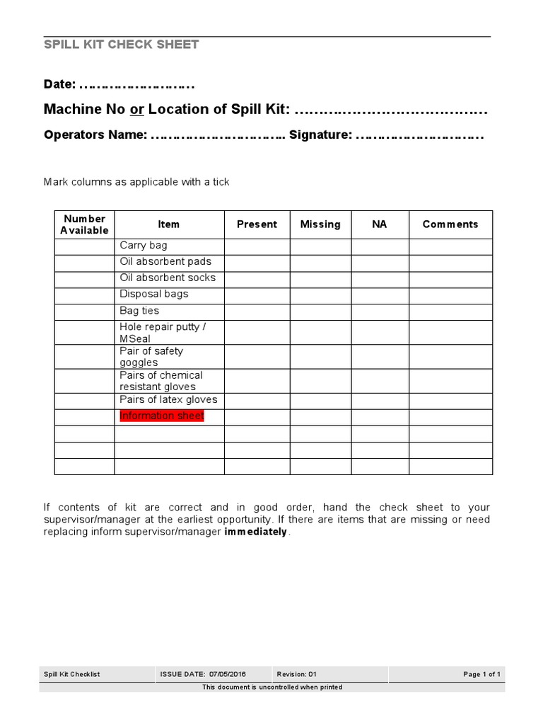 Spill Kit Weekly Check PDF