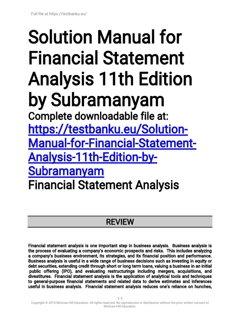 Solution Manual For Financial Statement Analysis 11th Edition By Subramanyam Pdf Atomic Physics Molecular Physics