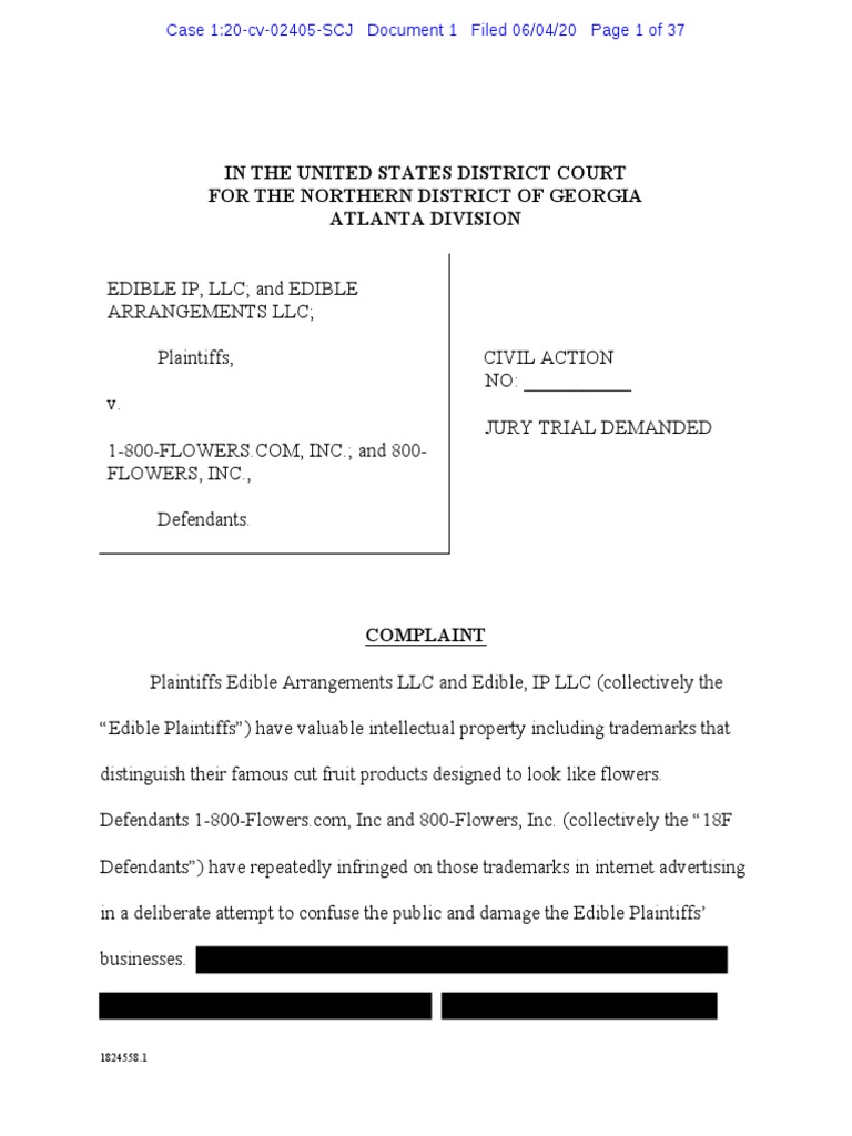 Edible IP v. 1800Flowers Complaint PDF Trademark Lawsuit