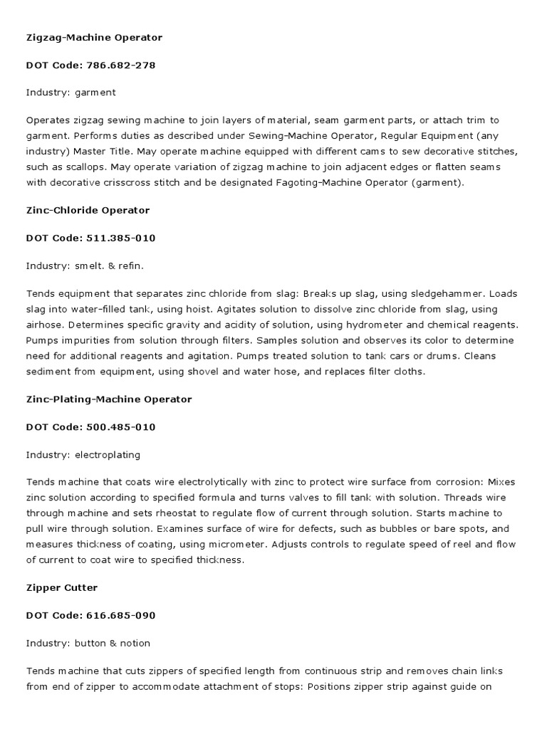 Zigzag-Machine Operator DOT Code: 786.682-278 | Download Free PDF ...
