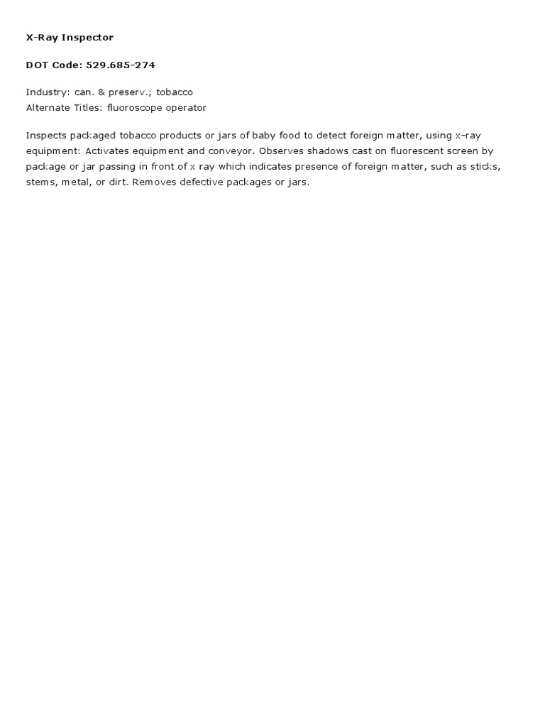 X-Ray Inspector DOT Code: 529.685-274 | PDF