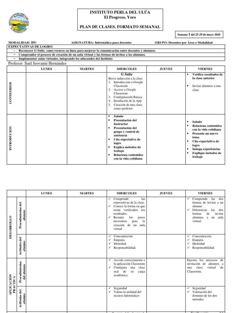 Plan de Clase Semanal 1 | PDF | Salón de clases | Modificación de ...